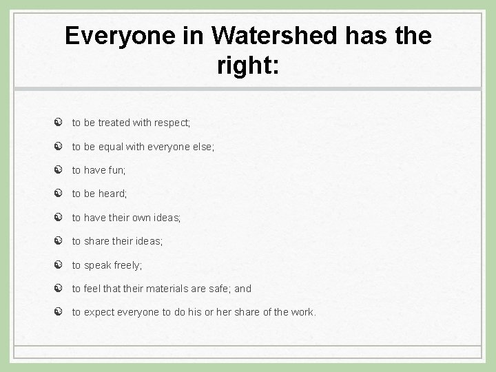 Everyone in Watershed has the right: [ to be treated with respect; [ to