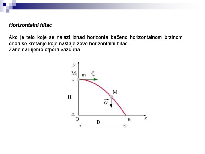 Horizontalni hitac Ako je telo koje se nalazi iznad horizonta bačeno horizontalnom brzinom onda