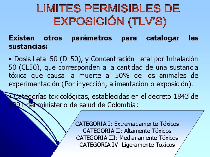 Existen otros sustancias: parámetros para catalogar las • Dosis Letal 50 (DL 50), y