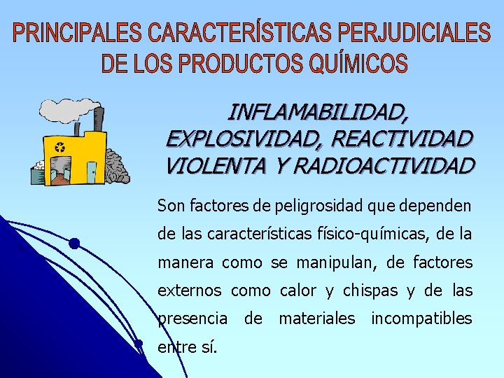 INFLAMABILIDAD, EXPLOSIVIDAD, REACTIVIDAD VIOLENTA Y RADIOACTIVIDAD Son factores de peligrosidad que dependen de las