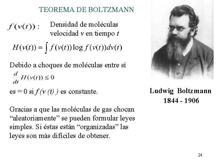 TEOREMA DE BOLTZMANN Densidad de moléculas velocidad v en tiempo t Debido a choques