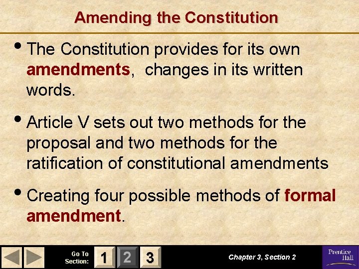 Amending the Constitution • The Constitution provides for its own amendments, changes in its