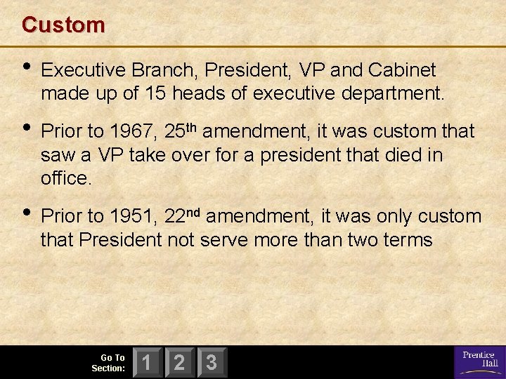 Custom • Executive Branch, President, VP and Cabinet made up of 15 heads of