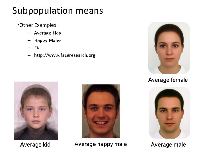 Subpopulation means • Other Examples: – – Average Kids Happy Males Etc. http: //www.
