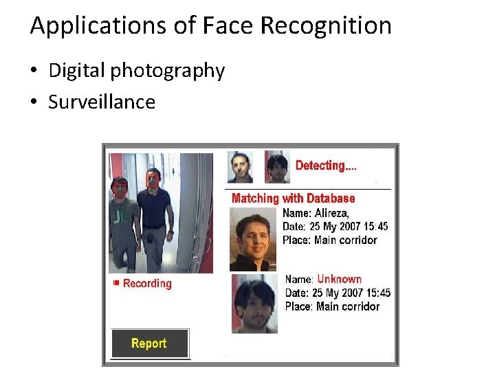 Applications of Face Recognition • Digital photography • Surveillance 