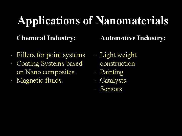 Applications of Nanomaterials Chemical Industry: Fillers for point systems Coating Systems based on Nano