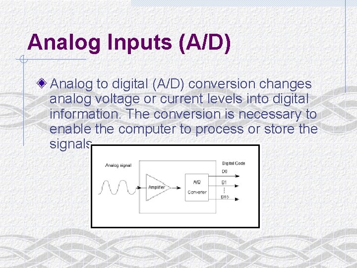 Analog Inputs (A/D) Analog to digital (A/D) conversion changes analog voltage or current levels