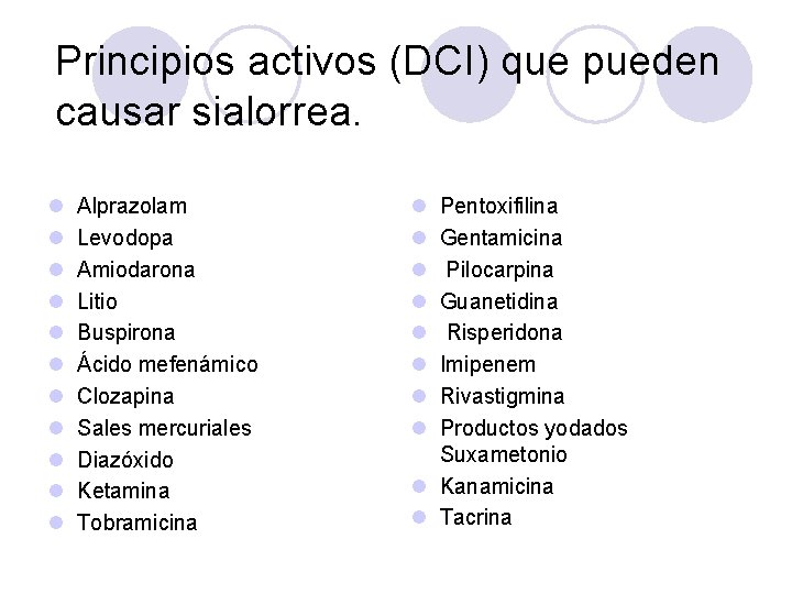 Principios activos (DCI) que pueden causar sialorrea. l l l Alprazolam Levodopa Amiodarona Litio