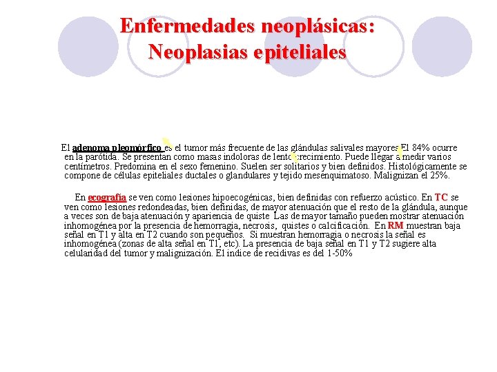 Enfermedades neoplásicas: Neoplasias epiteliales El adenoma pleomórfico es el tumor más frecuente de las