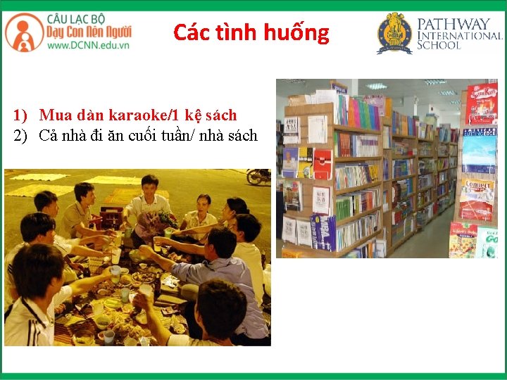 Các tình huống 1) Mua dàn karaoke/1 kệ sách 2) Cả nhà đi ăn