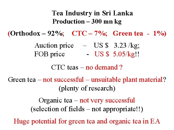 Tea Industry in Sri Lanka Production – 300 mn kg (Orthodox – 92%; CTC Tea Industry in Sri Lanka Production – 300 mn kg (Orthodox – 92%; CTC