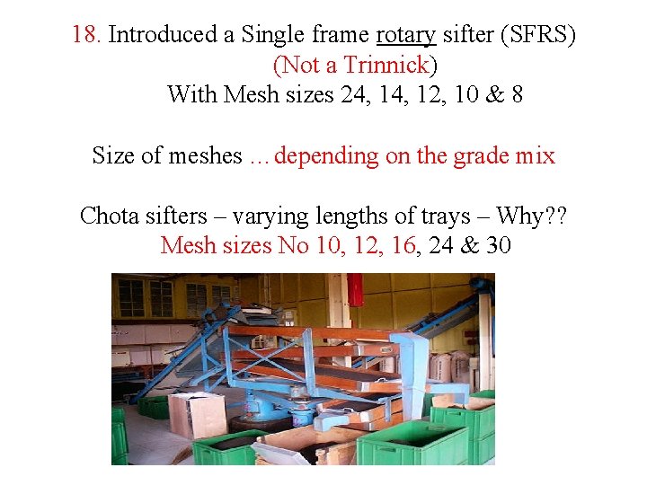 18. Introduced a Single frame rotary sifter (SFRS) (Not a Trinnick) With Mesh sizes 18. Introduced a Single frame rotary sifter (SFRS) (Not a Trinnick) With Mesh sizes