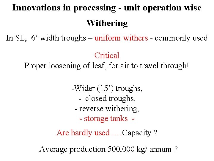 Innovations in processing - unit operation wise Withering In SL, 6’ width troughs – Innovations in processing - unit operation wise Withering In SL, 6’ width troughs –