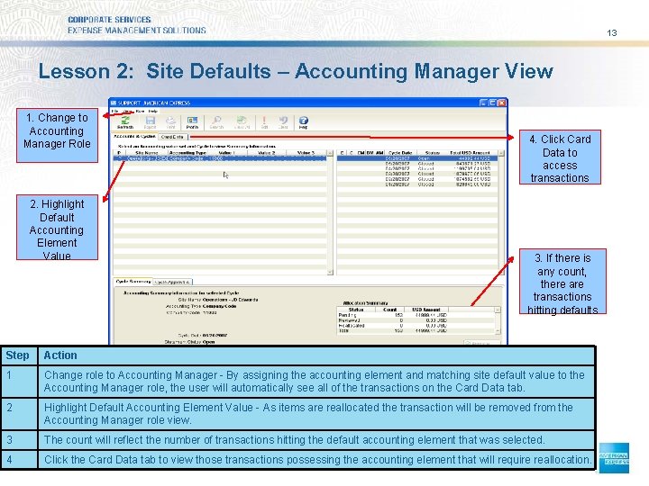 13 Lesson 2: Site Defaults – Accounting Manager View 1. Change to Accounting Manager