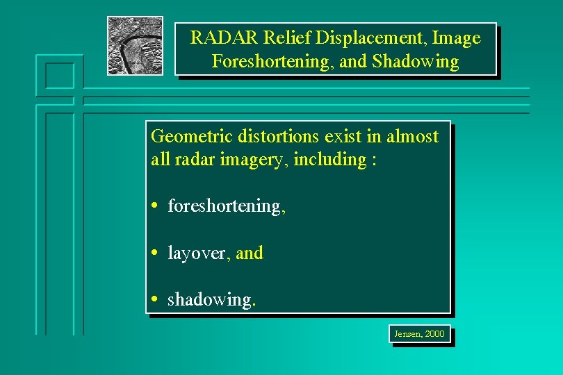 RADAR Relief Displacement, Image Foreshortening, and Shadowing Geometric distortions exist in almost all radar