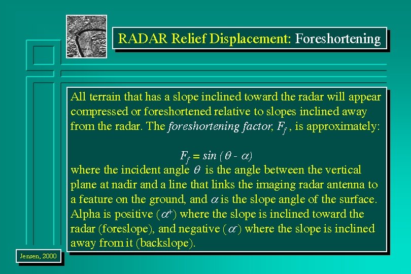 RADAR Relief Displacement: Foreshortening All terrain that has a slope inclined toward the radar