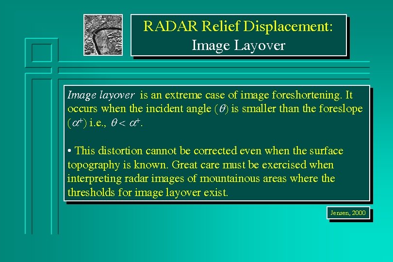 RADAR Relief Displacement: Image Layover Image layover is an extreme case of image foreshortening.