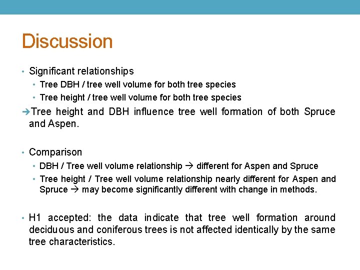 Discussion • Significant relationships • Tree DBH / tree well volume for both tree