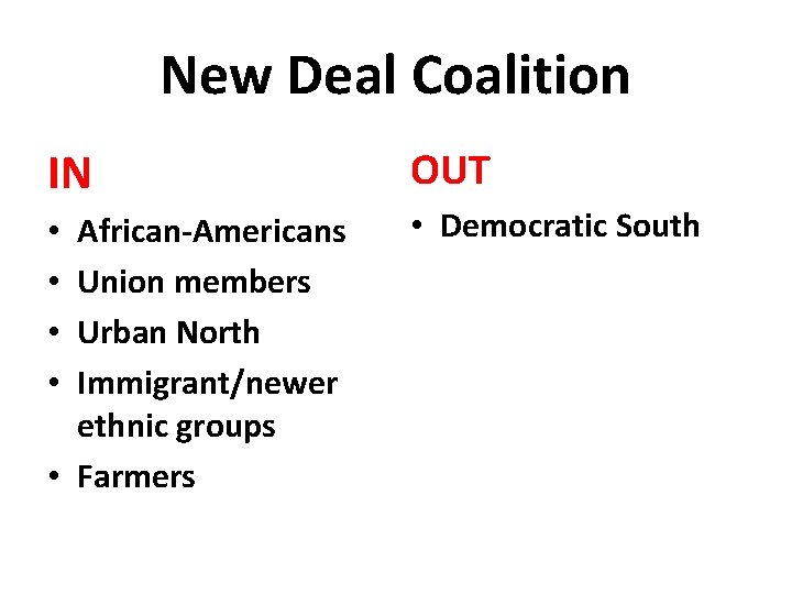 New Deal Coalition IN OUT African-Americans Union members Urban North Immigrant/newer ethnic groups •