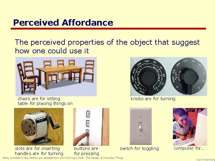 Perceived Affordance The perceived properties of the object that suggest how one could use