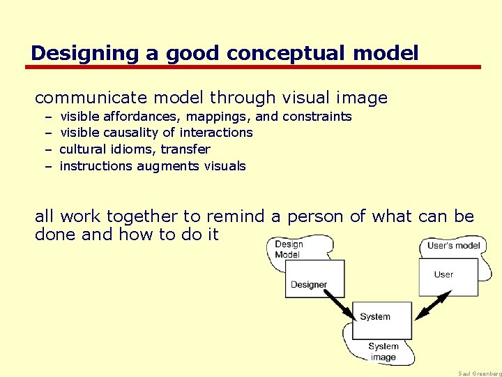 Designing a good conceptual model communicate model through visual image – – visible affordances,