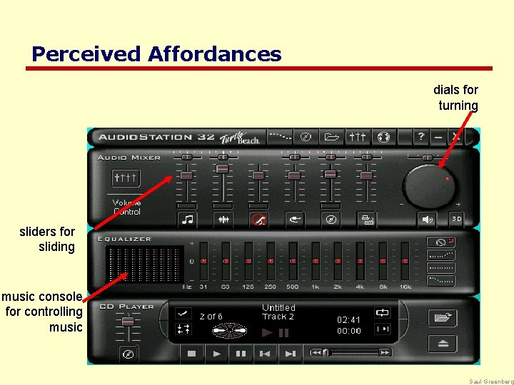 Perceived Affordances dials for turning sliders for sliding music console for controlling music Saul