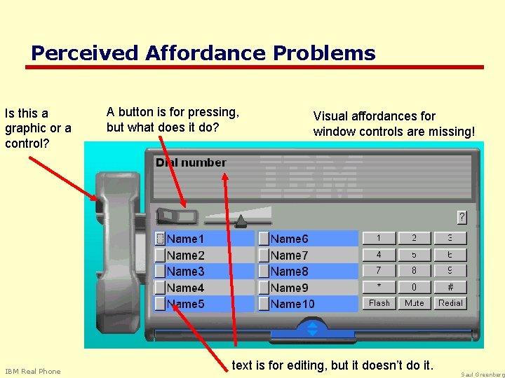 Perceived Affordance Problems Is this a graphic or a control? IBM Real Phone A