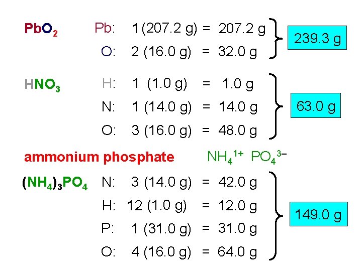 Pb. O 2 HNO 3 Pb: 1 (207. 2 g) = 207. 2 g Pb. O 2 HNO 3 Pb: 1 (207. 2 g) = 207. 2 g