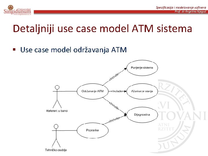 Specifikacija i modelovanje softvera Prof. dr Angelina Njeguš Detaljniji use case model ATM sistema