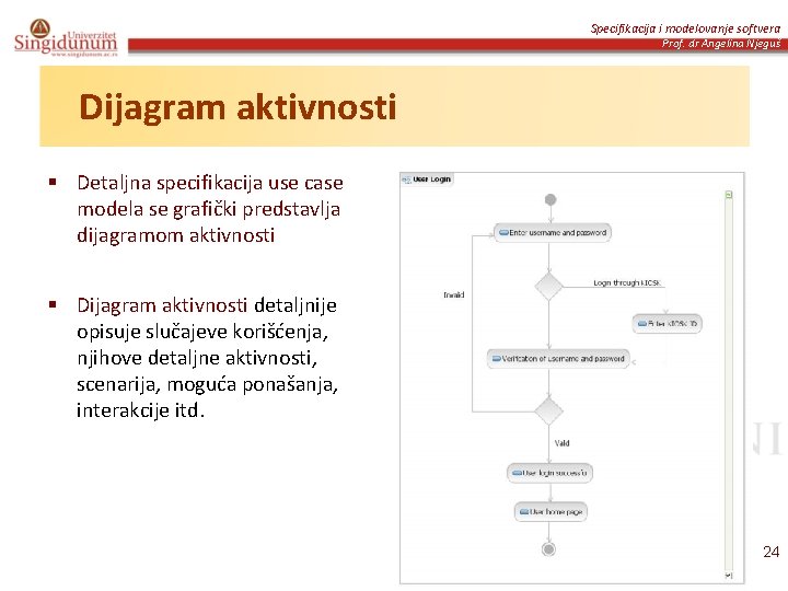 Specifikacija i modelovanje softvera Prof. dr Angelina Njeguš Dijagram aktivnosti § Detaljna specifikacija use