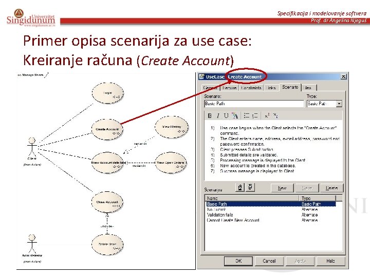 Specifikacija i modelovanje softvera Prof. dr Angelina Njeguš Primer opisa scenarija za use case: