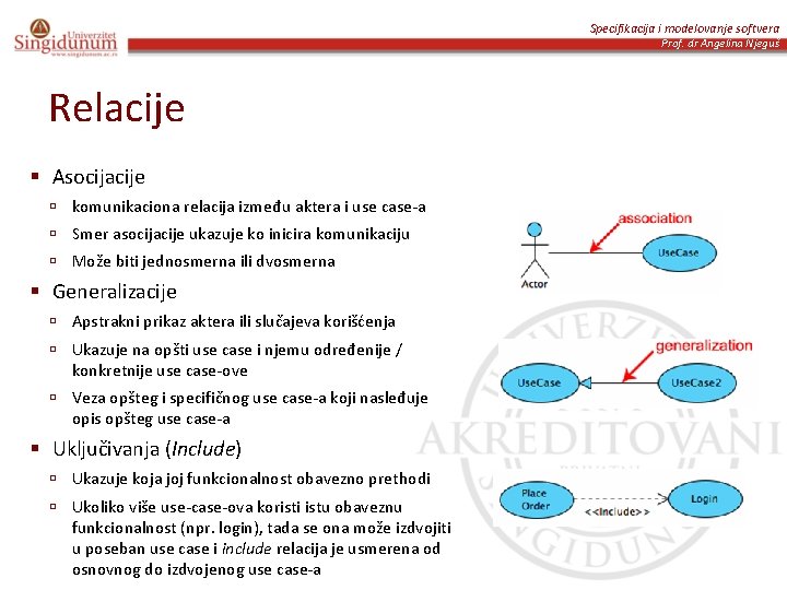 Specifikacija i modelovanje softvera Prof. dr Angelina Njeguš Relacije § Asocijacije ú komunikaciona relacija