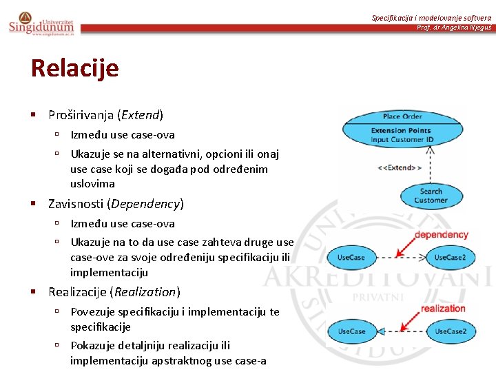 Specifikacija i modelovanje softvera Prof. dr Angelina Njeguš Relacije § Proširivanja (Extend) ú Između