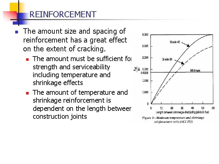 REINFORCEMENT n The amount size and spacing of reinforcement has a great effect on