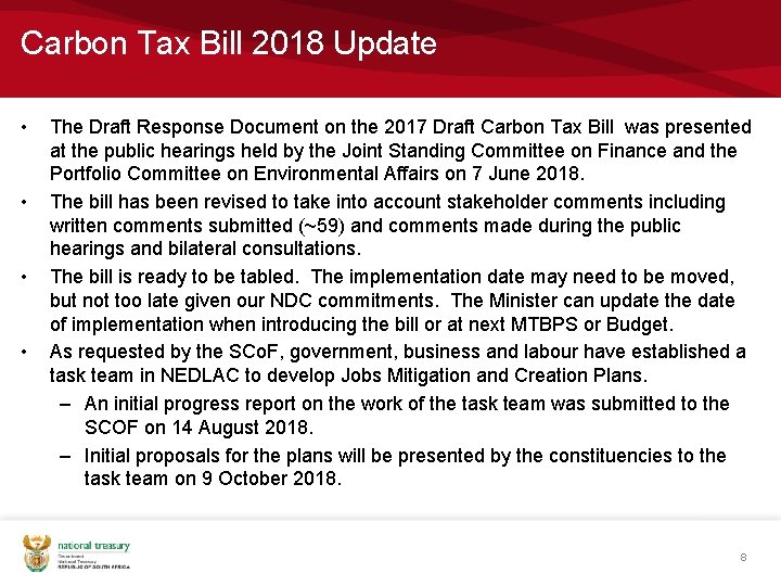 Carbon Tax Bill 2018 Update • • The Draft Response Document on the 2017