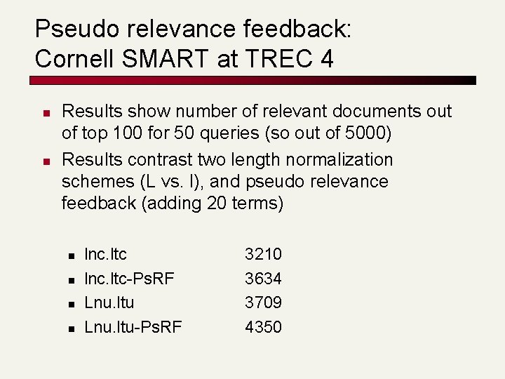 Pseudo relevance feedback: Cornell SMART at TREC 4 n n Results show number of Pseudo relevance feedback: Cornell SMART at TREC 4 n n Results show number of
