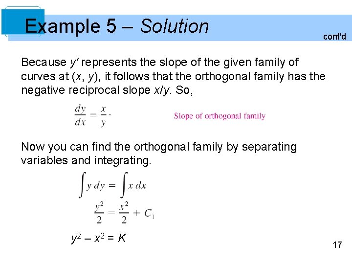Example 5 – Solution cont'd Because y' represents the slope of the given family