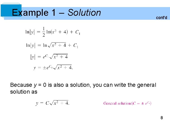 Example 1 – Solution cont'd Because y = 0 is also a solution, you
