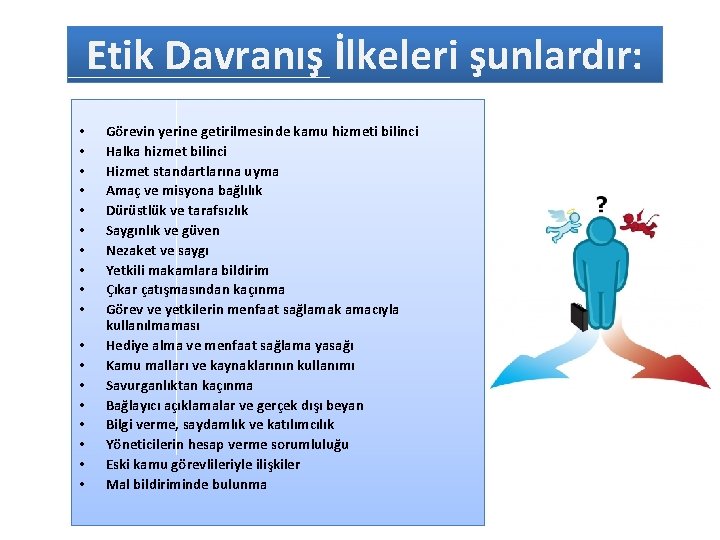 Etik Davranış İlkeleri şunlardır: • • • • • Görevin yerine getirilmesinde kamu hizmeti