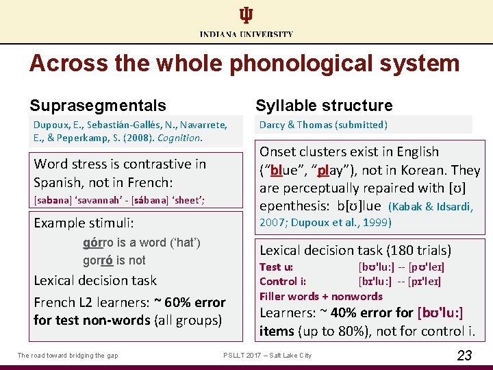 Across the whole phonological system Suprasegmentals Syllable structure Dupoux, E. , Sebastián‐Gallés, N. ,