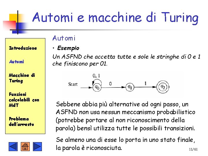 Automi e macchine di Turing Automi Introduzione Automi • Esempio Un ASFND che accetta