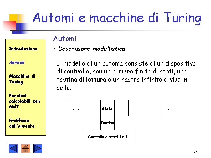 Automi e macchine di Turing Automi Introduzione Automi Macchine di Turing Funzioni calcolabili con