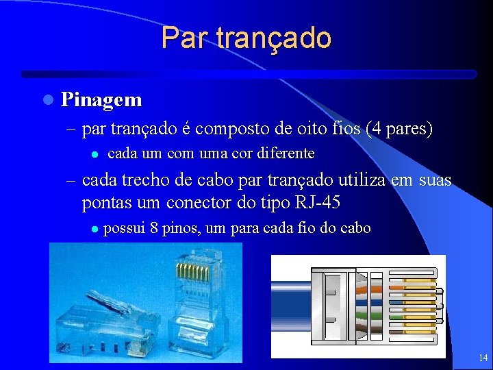 Par trançado l Pinagem – par trançado é composto de oito fios (4 pares)