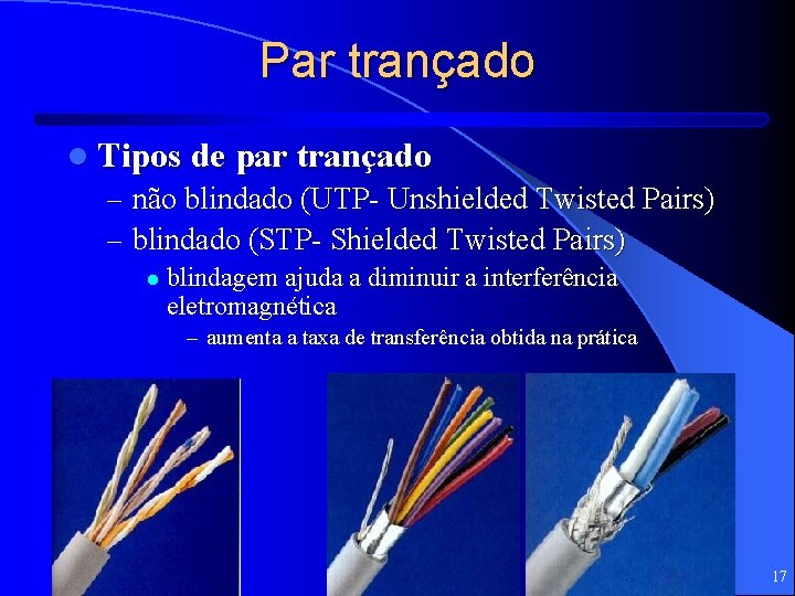 Par trançado l Tipos de par trançado – não blindado (UTP- Unshielded Twisted Pairs)