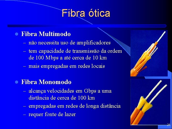 Fibra ótica l Fibra Multimodo – não necessita uso de amplificadores – tem capacidade