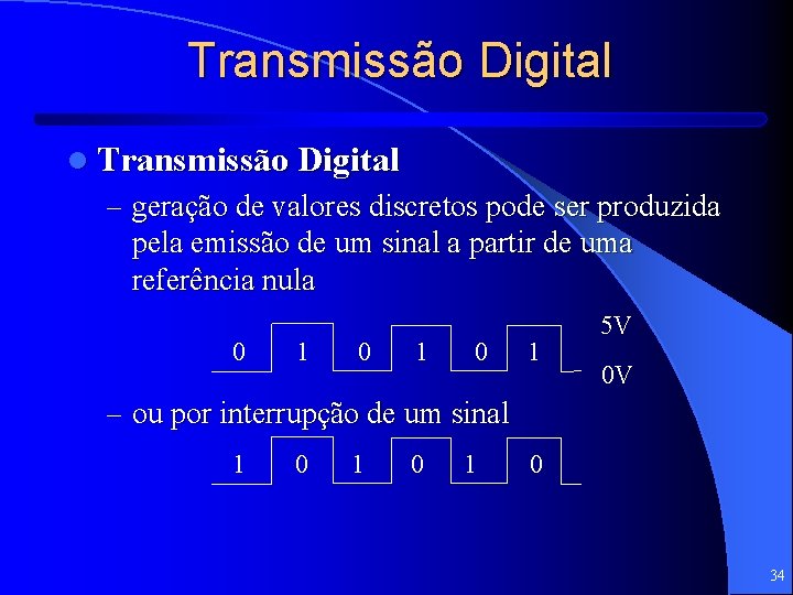 Transmissão Digital l Transmissão Digital – geração de valores discretos pode ser produzida pela