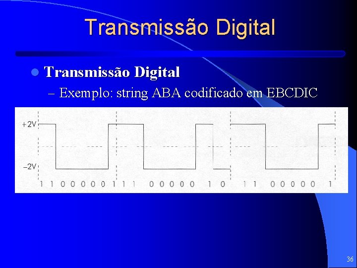 Transmissão Digital l Transmissão Digital – Exemplo: string ABA codificado em EBCDIC 36 