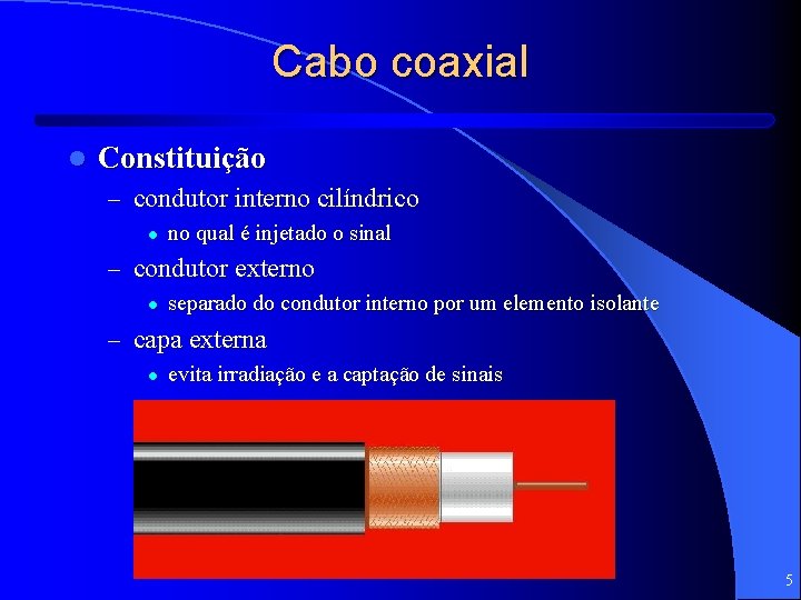 Cabo coaxial l Constituição – condutor interno cilíndrico l no qual é injetado o