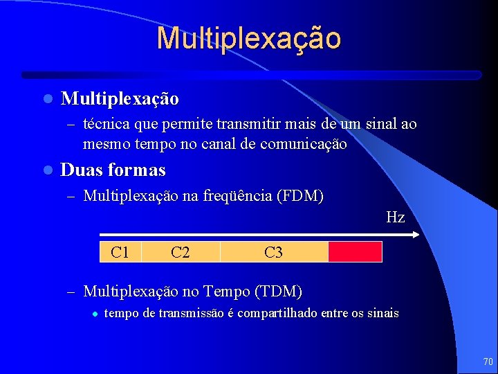 Multiplexação l Multiplexação – técnica que permite transmitir mais de um sinal ao mesmo