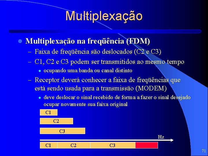 Multiplexação l Multiplexação na freqüência (FDM) – Faixa de freqüência são deslocados (C 2